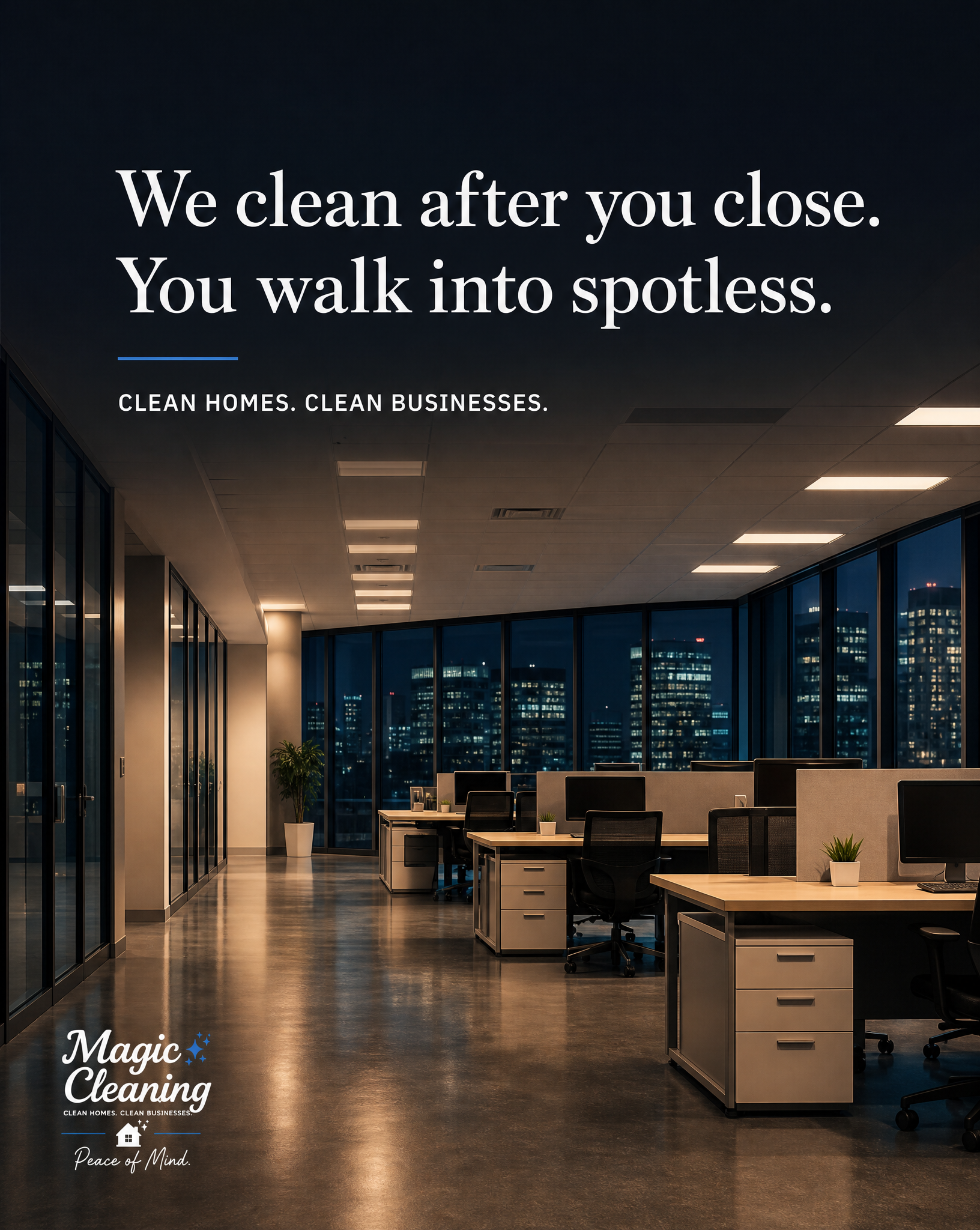 A spotless office at night, prepared by Magic Cleaning after business hours