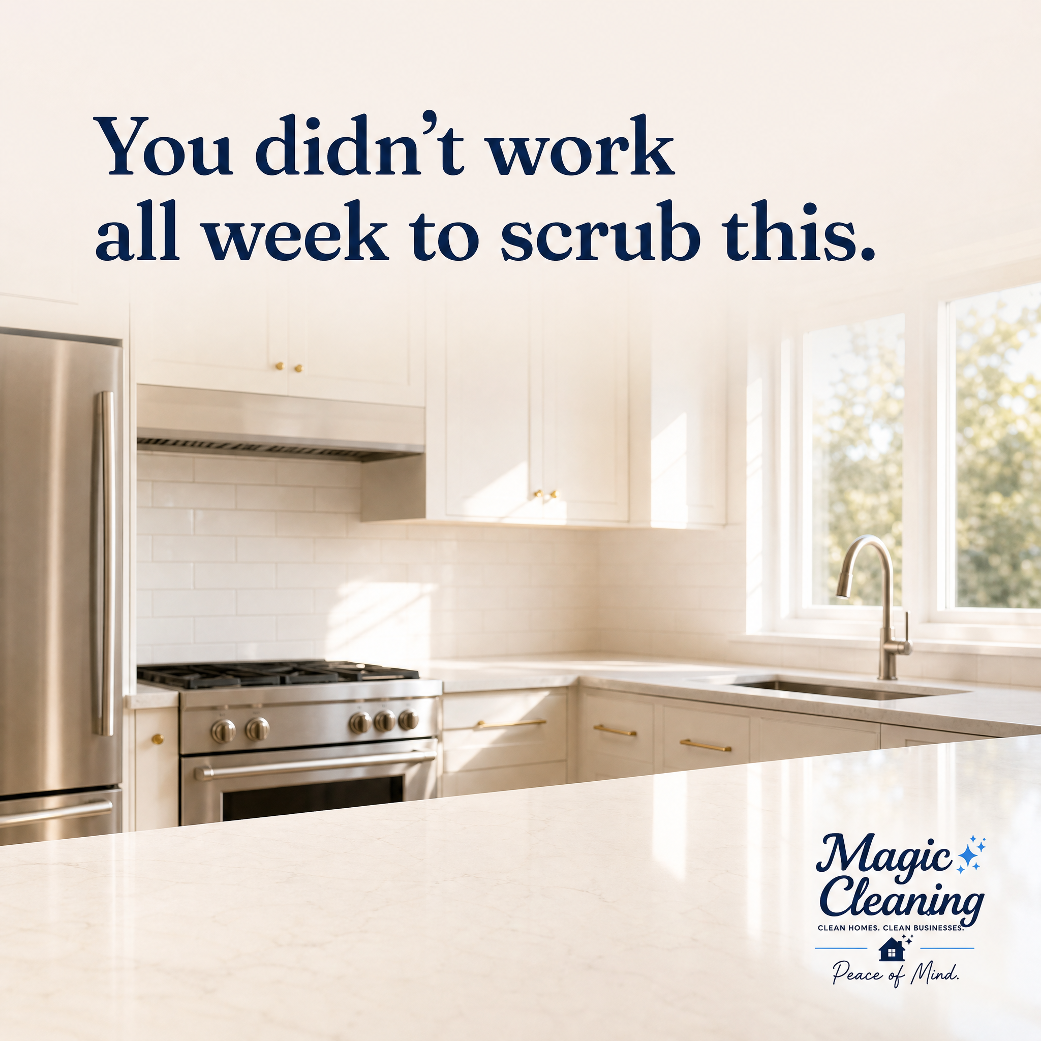 A bright, spotless residential kitchen cleaned by Magic Cleaning